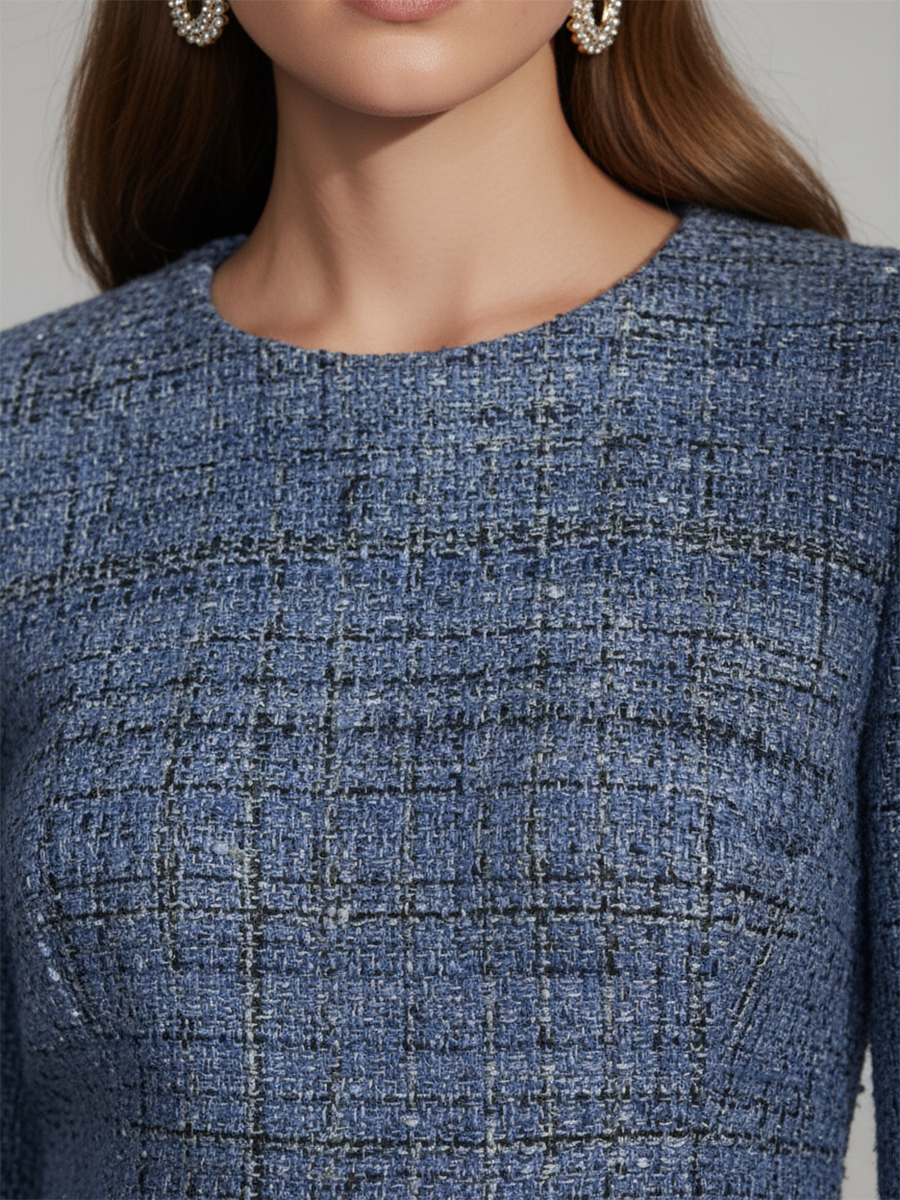 Elegant Retro Round Neck Long Sleeve Tweed Top + Pants Set