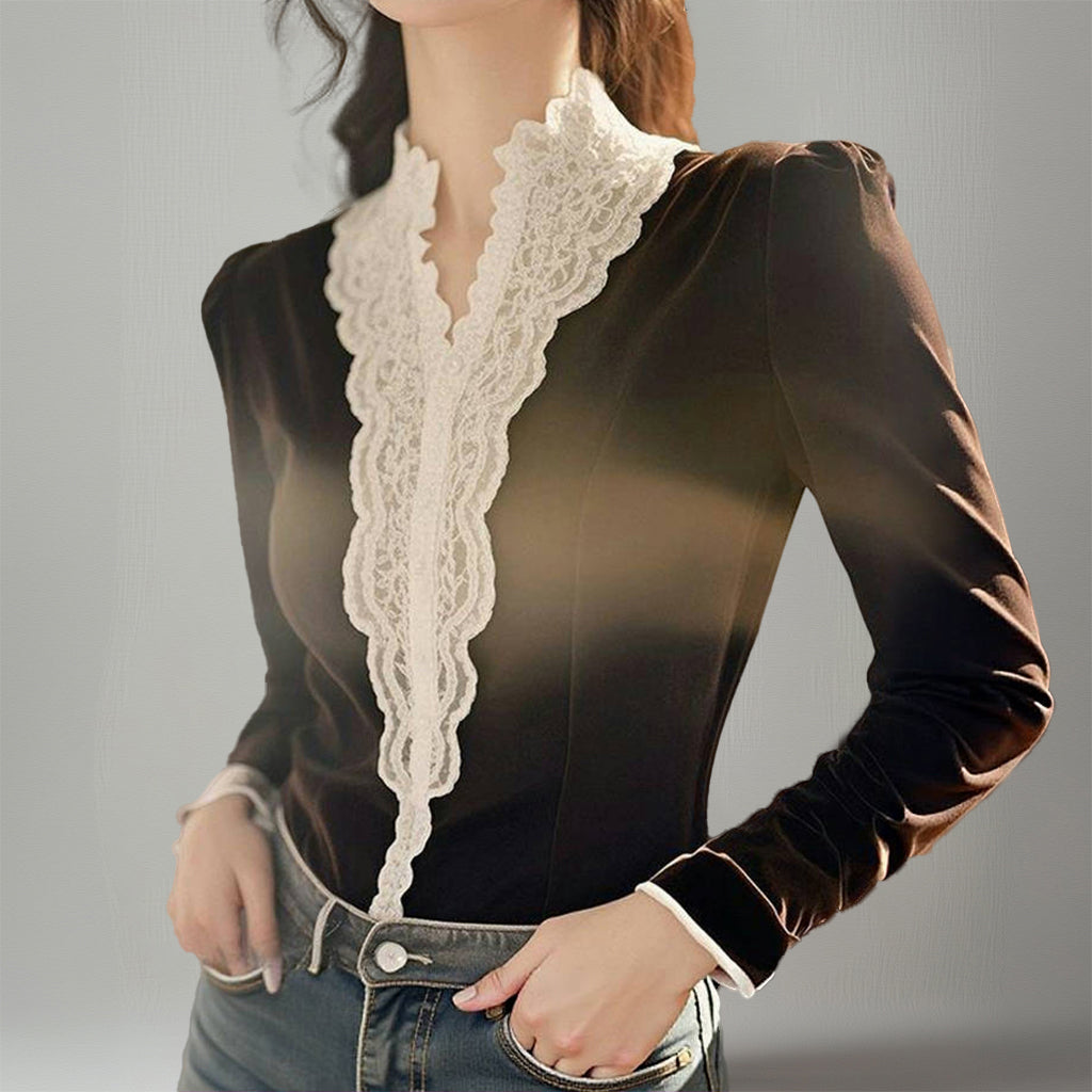 Elegant Velvet Lace Patchwork Stand Collar Button Long Sleeve Blouse