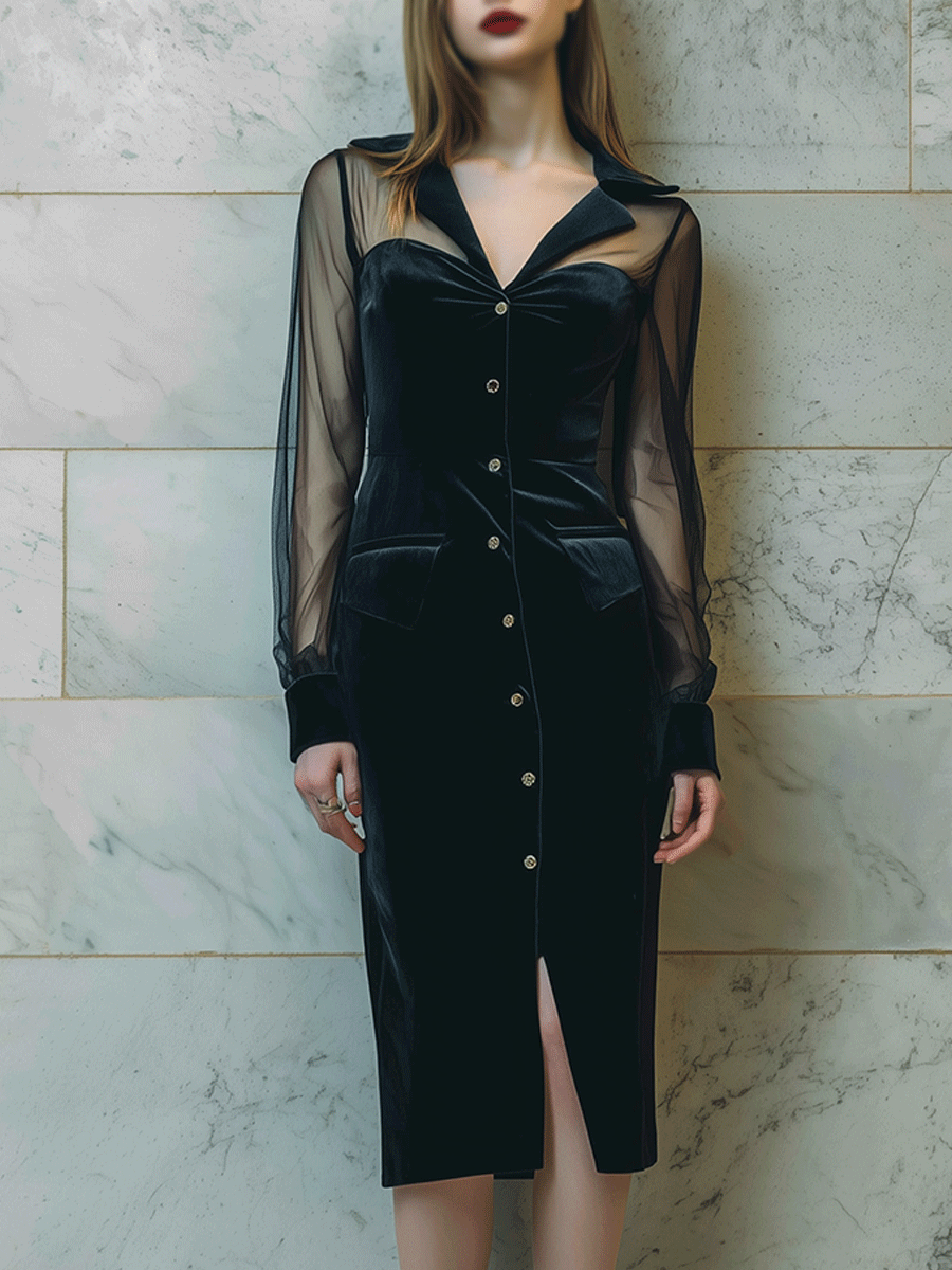 Elegant Black Velvet Button Midi Dress