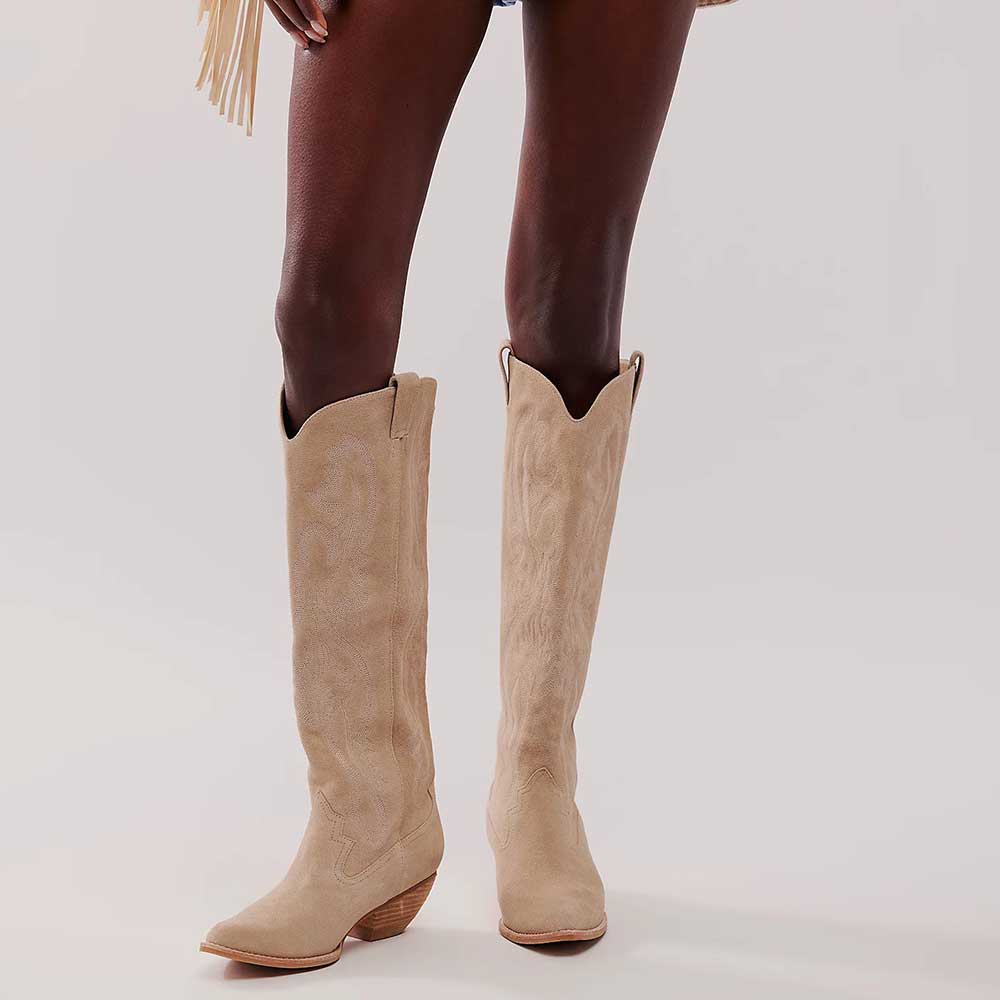 Beige Faux Suede Pointed Toe Block Heel Wide Calf Knee-High Boots