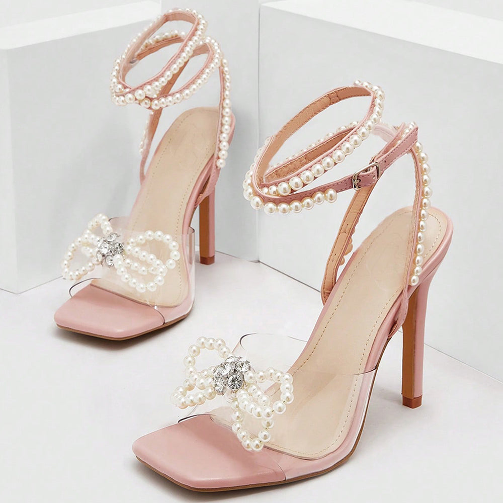 Beige & Clear PVC Open Toe 3'' Stiletto Heel Pearl Ankle Strap Sandals