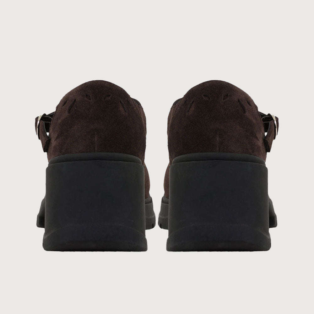 Dark Brown Vegan Suede Cut-Out Platform Chunky Heeled Mary Janes