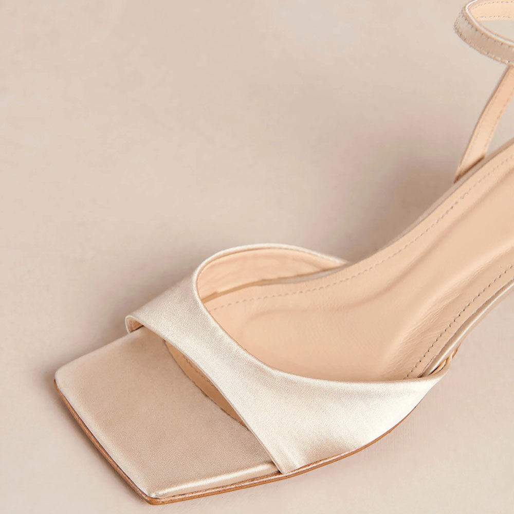 Beige Satin Square Toe Flared Heel Ankle Strap Sandals
