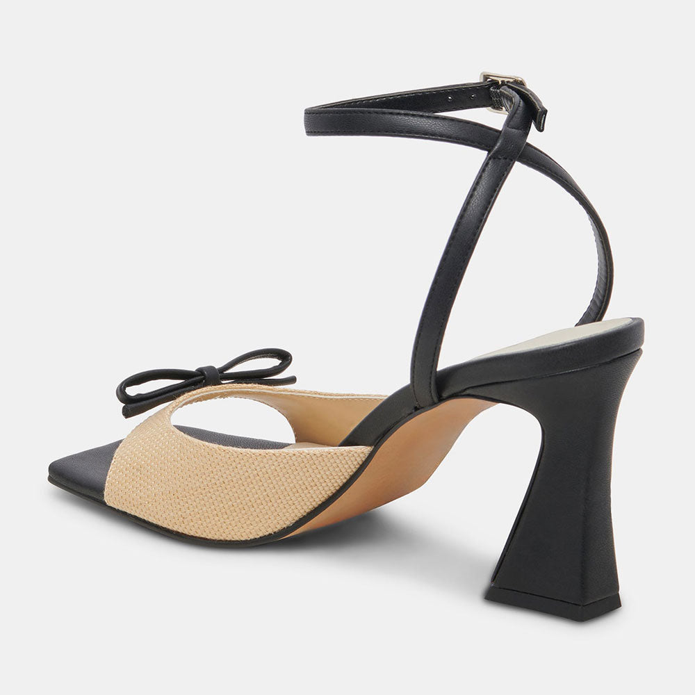 Beige & Black Open Square Toe Flared Heel Ankle Strap Women's Sandals