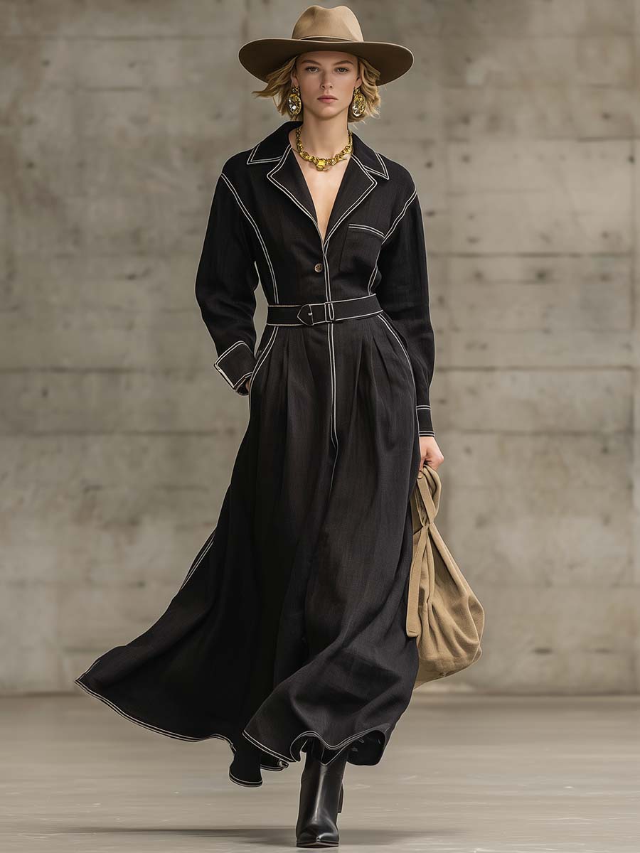 Exquisite Casual Western V-neck White Piping Black Cotton And Linen Windbreaker Style Maxi Dress