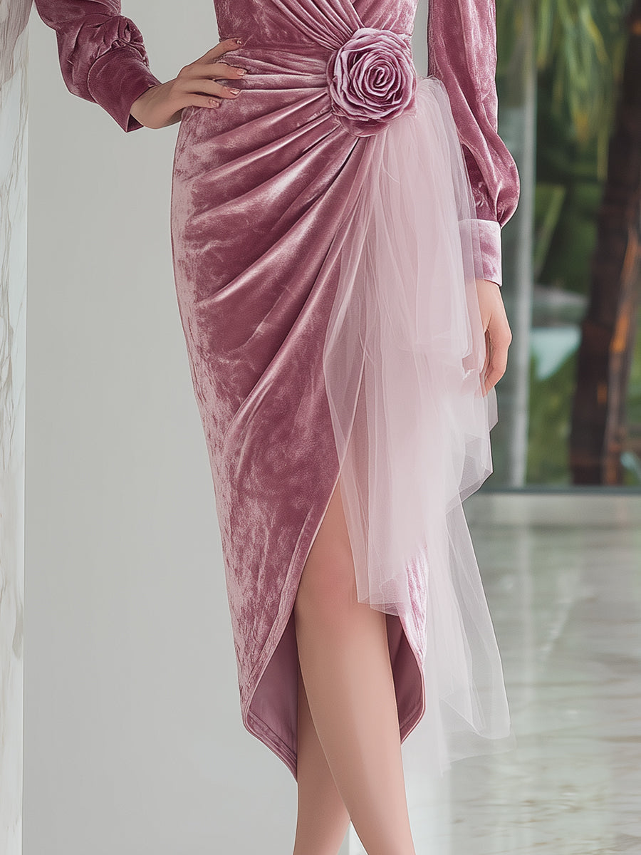 Elegant And Fashionable V-neck Three-dimensional Flower Pink Velvet Midi Dress