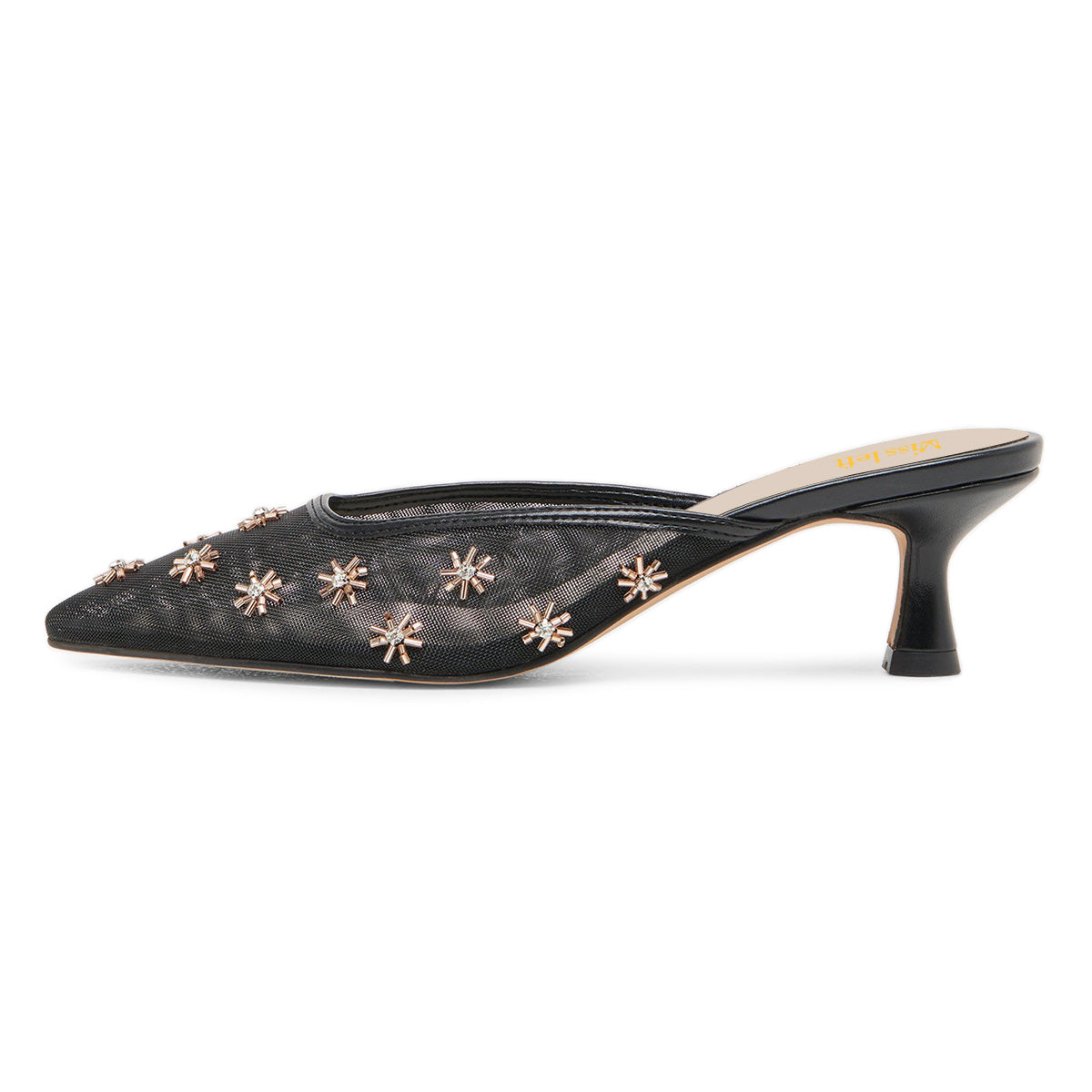 Elegant Black Pointed Toe Mule Kitten Heels with Rhinestoned Flowers