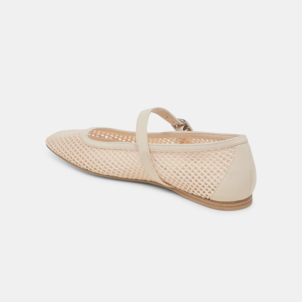 Beige Fishnet Square Toe Flat Buckle Strap Mary Jane Shoes for Women