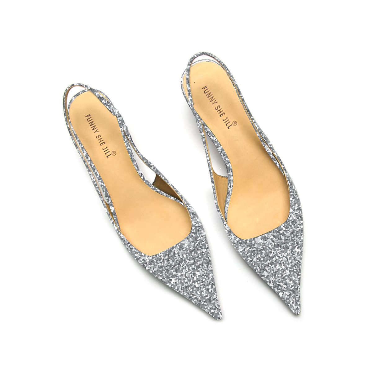 Glitter Pointed Toe Sparkling Silver Slingback Kitten Heel Pump For Women