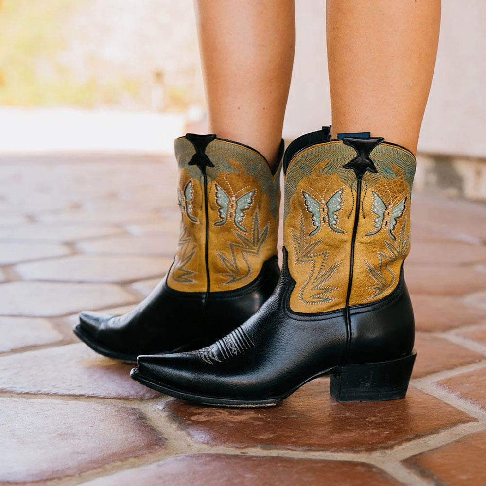 Embroidered Snip Toe Butterfly Inlay Black Cowgirl Booties for Women
