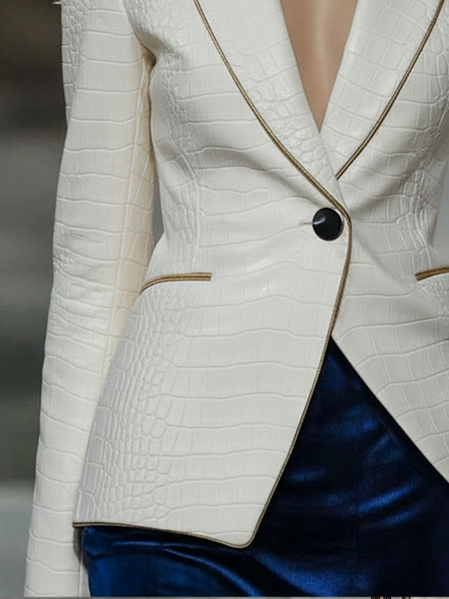 Fashion Retro Gold-Trimmed White Crocodile-Print Faux Leather Blazer