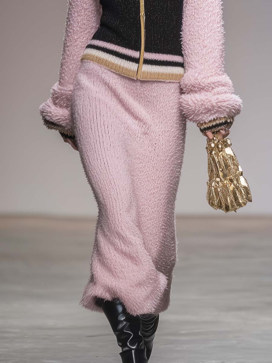 Elegant Retro Sporty Contrast Color Knitted Hooded Front Zip Top And Skirt Set