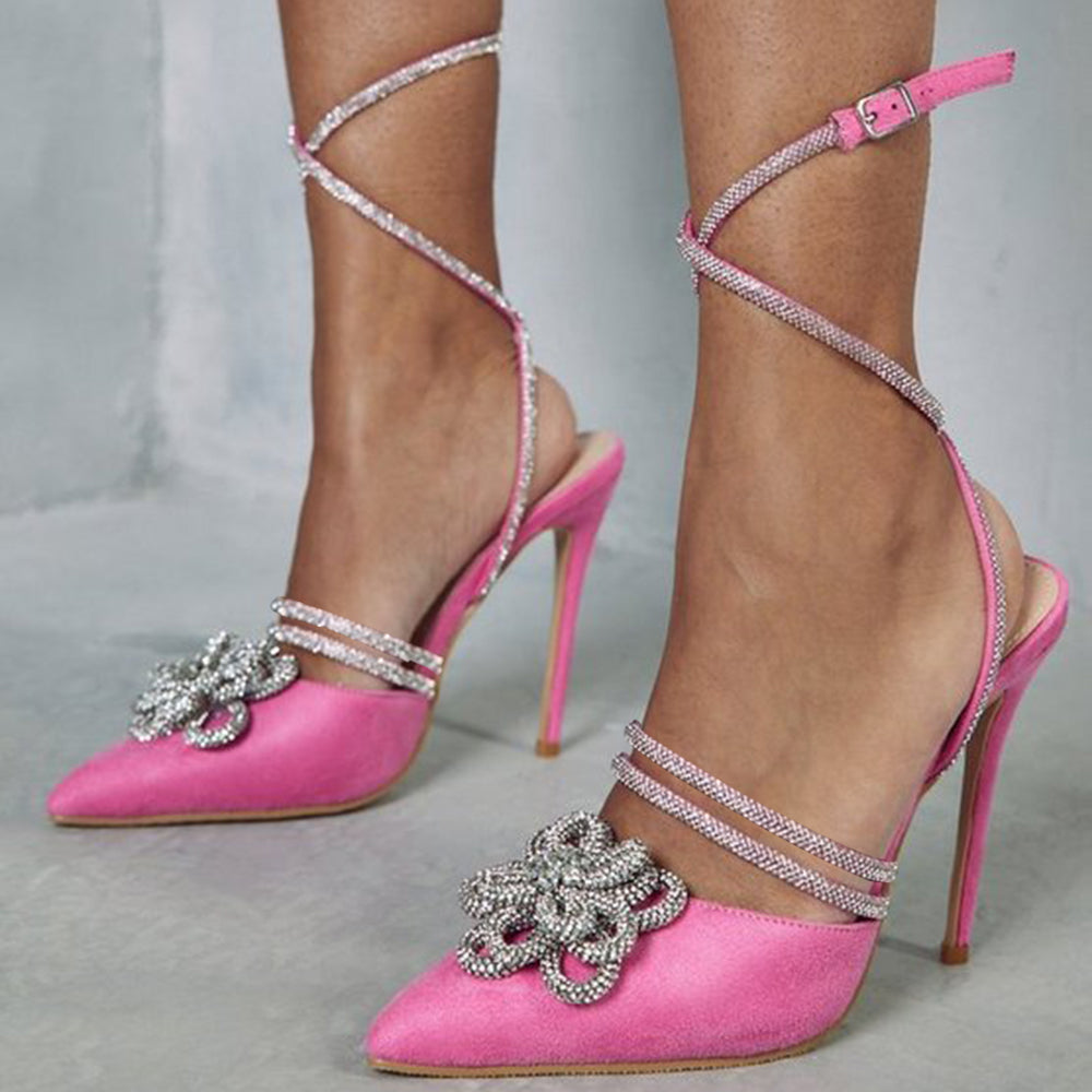 Faux Suede Pointed Toe Stiletto Heel Strappy Pumps with Flower