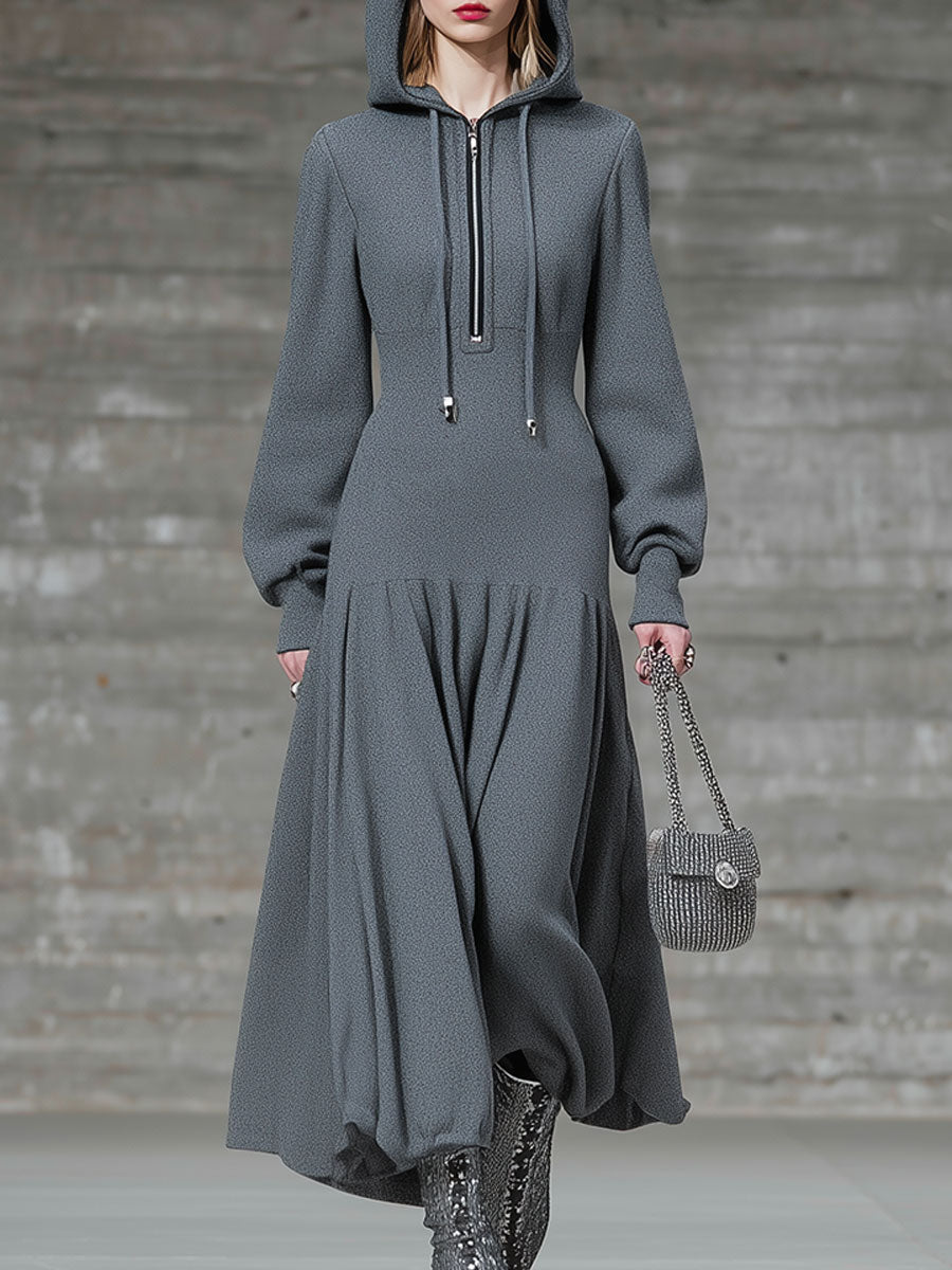 Fashion Loose Gray Safety Pin Hooded Zipper Midi Dress