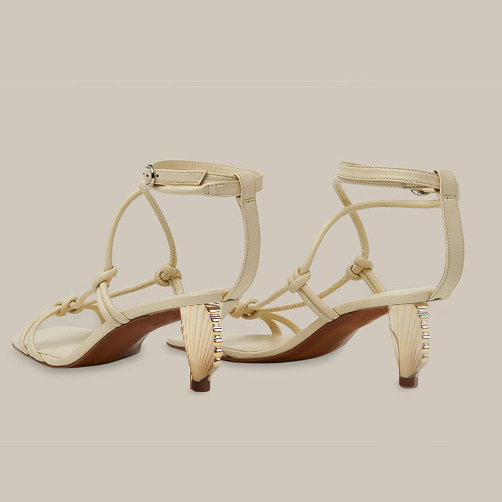 Beige Square Toe Decorative Heel Ankle Strap Sandals