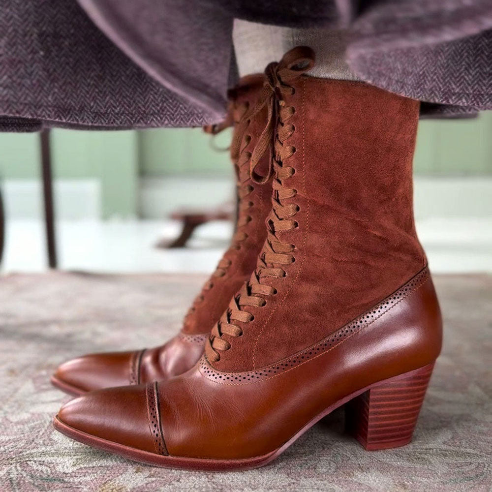 Faux Leather & Vegan Suede Brown Block Heel Pointed Toe Lace-Up Boots