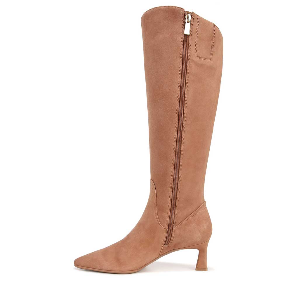 Beige Faux Suede Closed Toe Knee Kitten Heel Fall Boots for Women