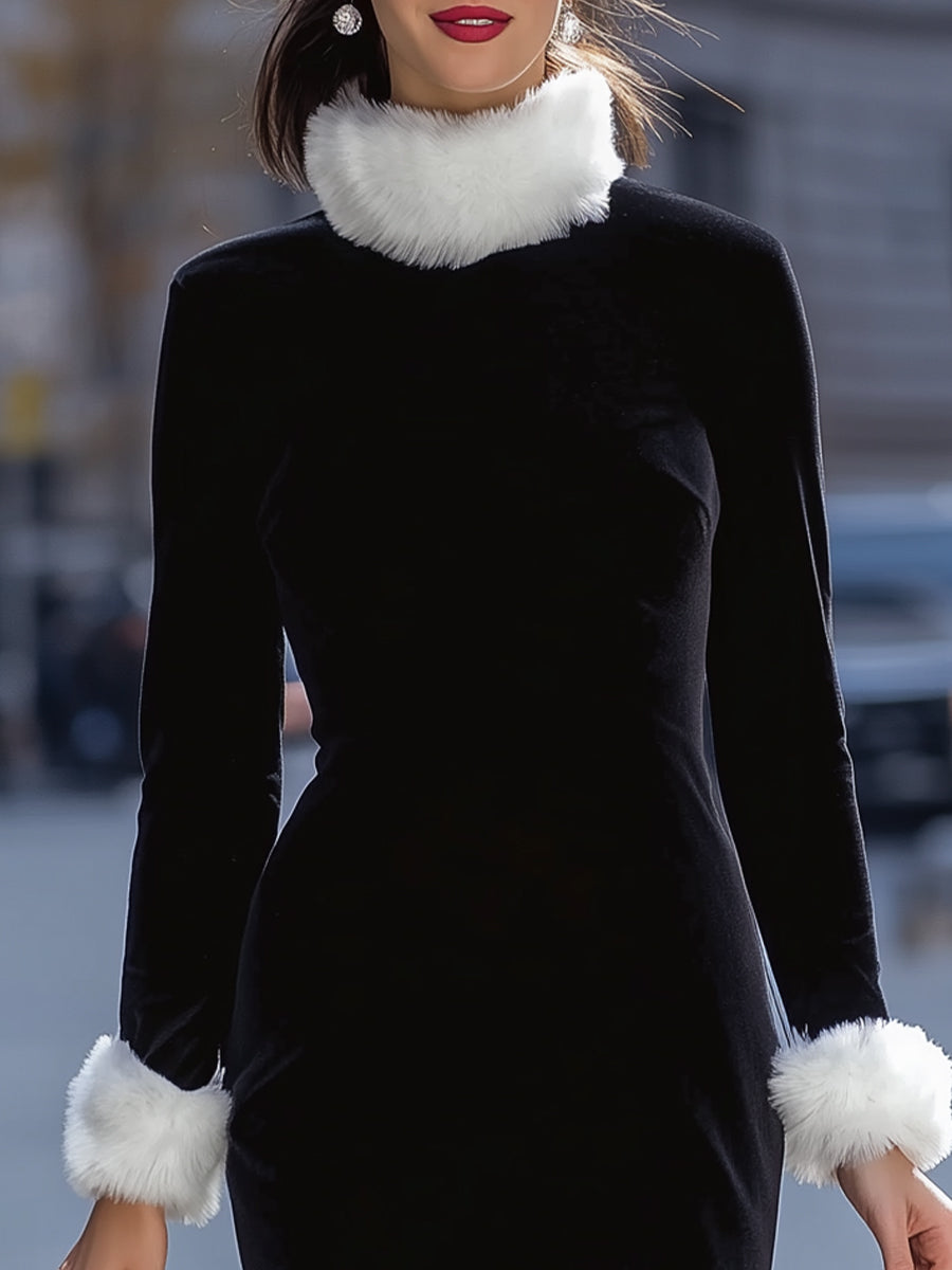 Elegant Velvet Dress With White Faux Fur Trim