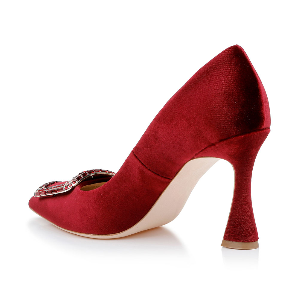 Elegant Velvet Buckle Accent Pointed Toe Slip-On Pumps Heels in Red