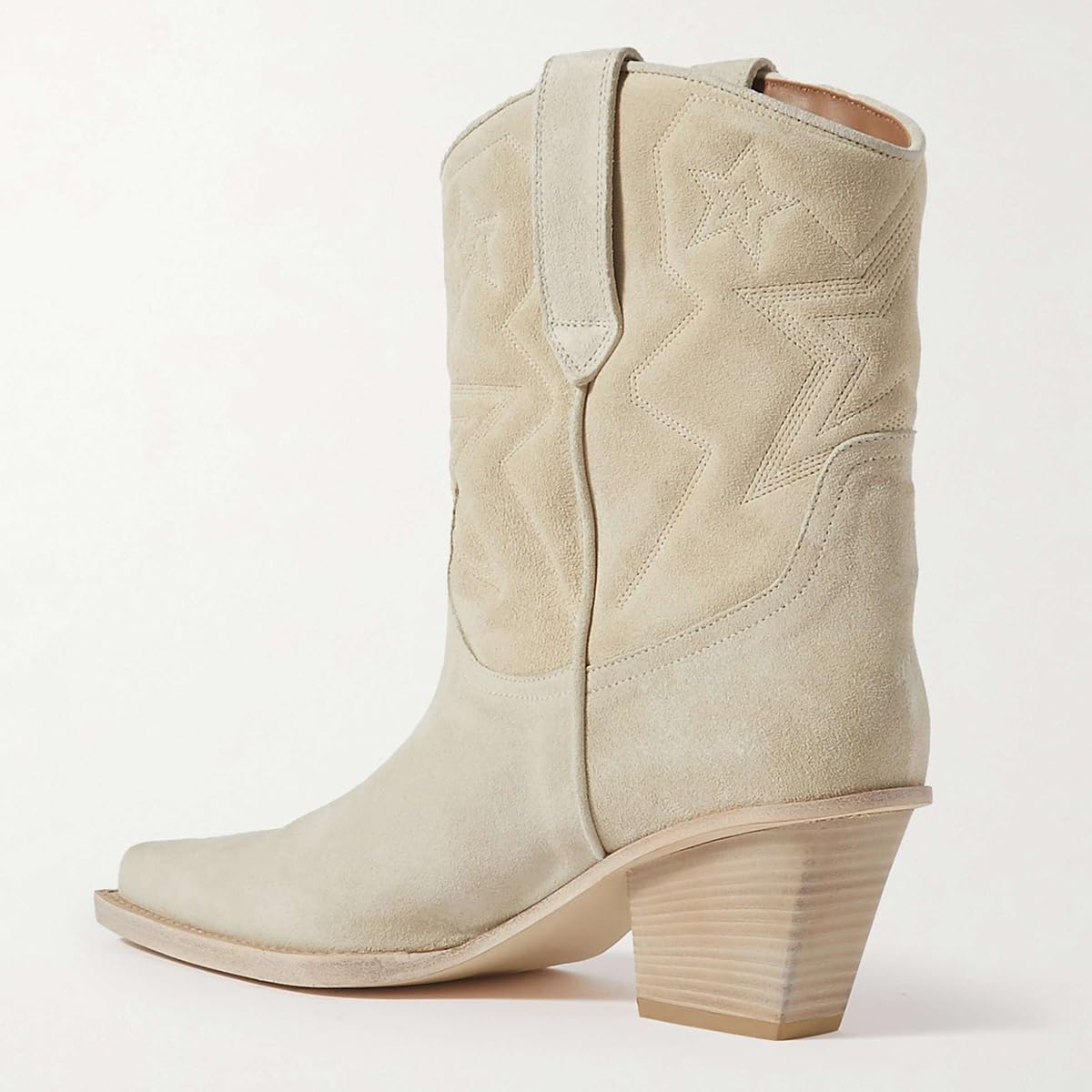 Beige Pointed Toe Chunky Heel Star Embroidered Cowgirl Boots