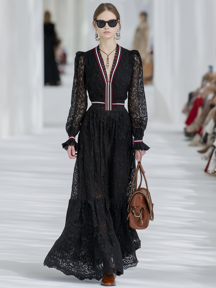 Elegant Retro Striped Black Lace Long-sleeved Maxi Dress
