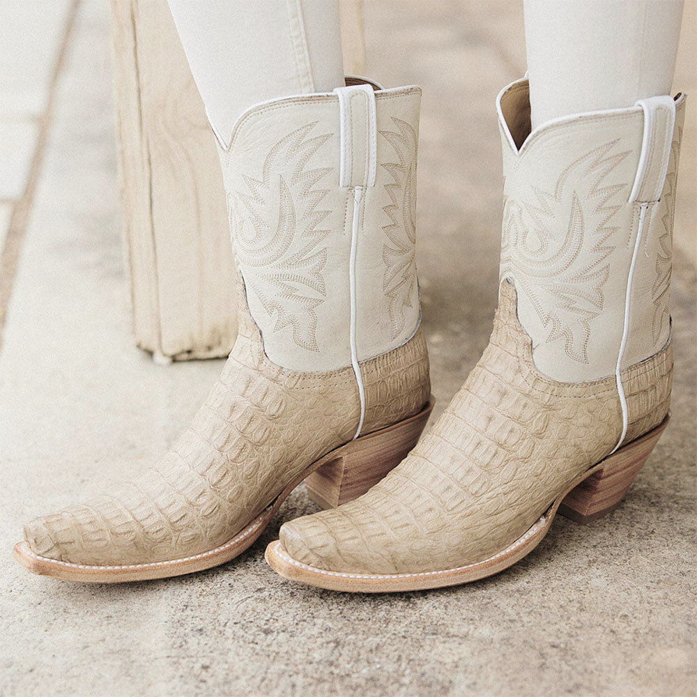 Beige Croco Embossed Pointed Toe Mid-Calf Embroidered Chunky Boots