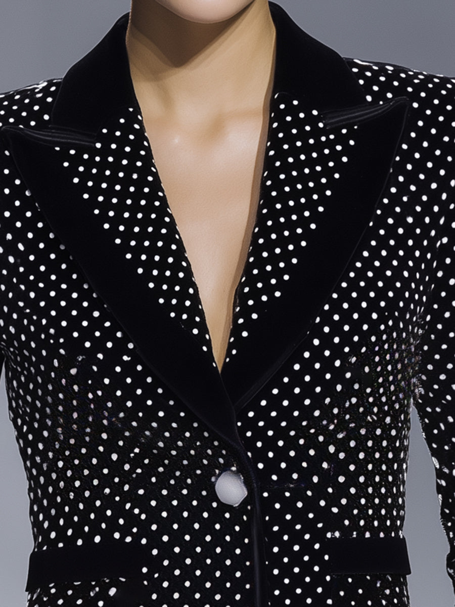 White Polka Dot Black Velvet Button Blazer