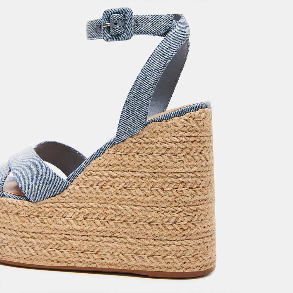 Denim Open Toe Ankle Strap Platform Espadrille Sandals with Wedges