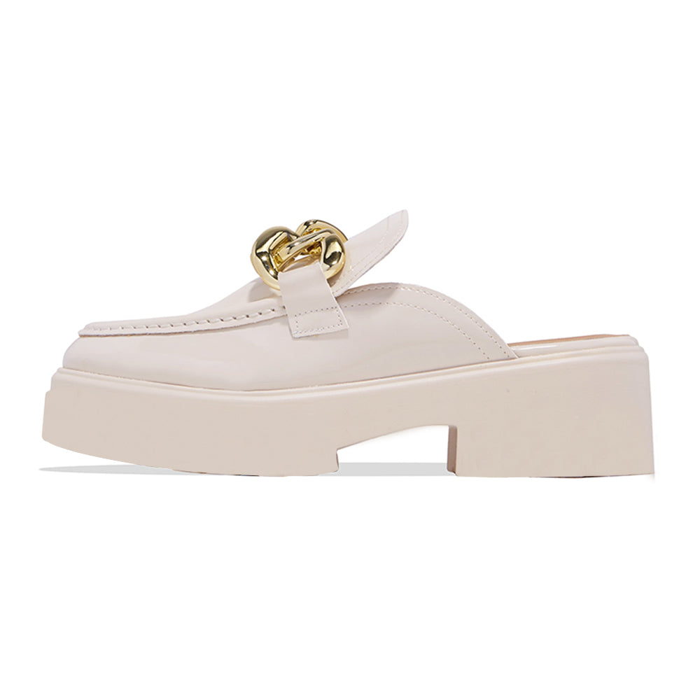 Beige Patent Leather Round Toe Chunky Mule Loafers with Metal Chain