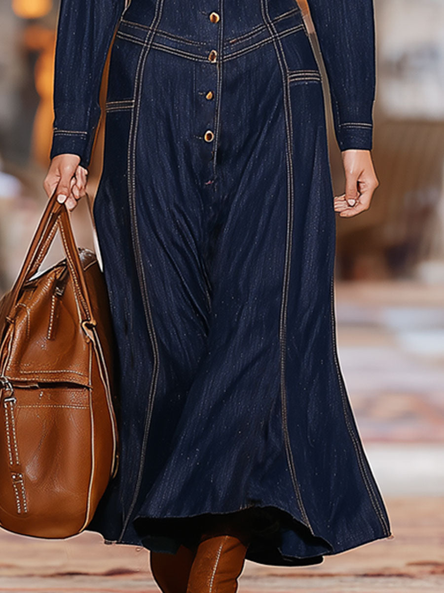 Elegant Retro Brown Topstitched Navy Blue Denim Long-Sleeved Maxi Dress