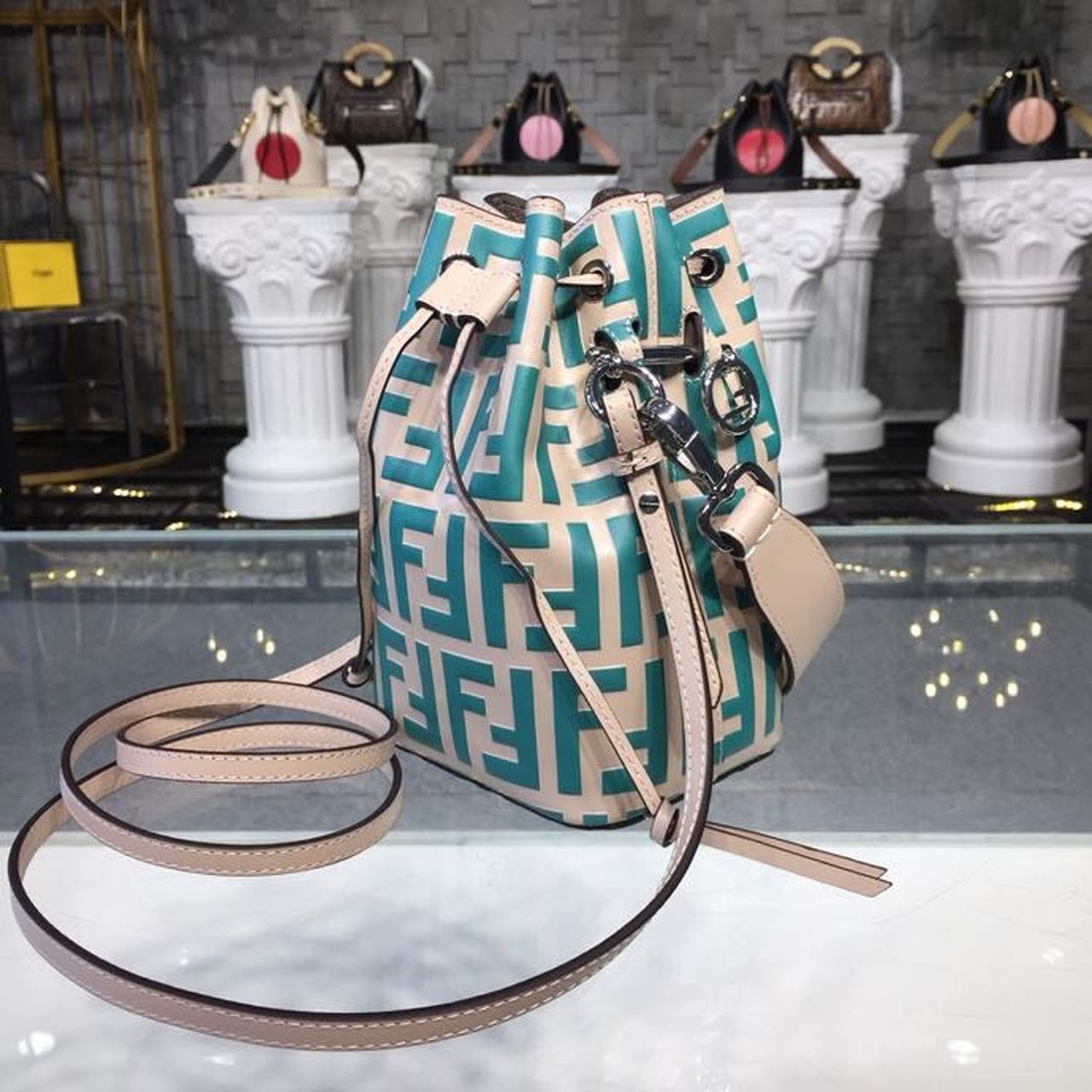 FI Mon Tresor Beige/Teal For Women, Handbags, Shoulder And Crossbody Bags 7in/18cm FF 8BS010