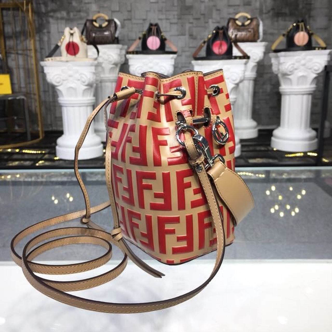 FI Mon Tresor Beige/Red For Women, Handbags, Shoulder And Crossbody Bags 7in/18cm FF 8BS010