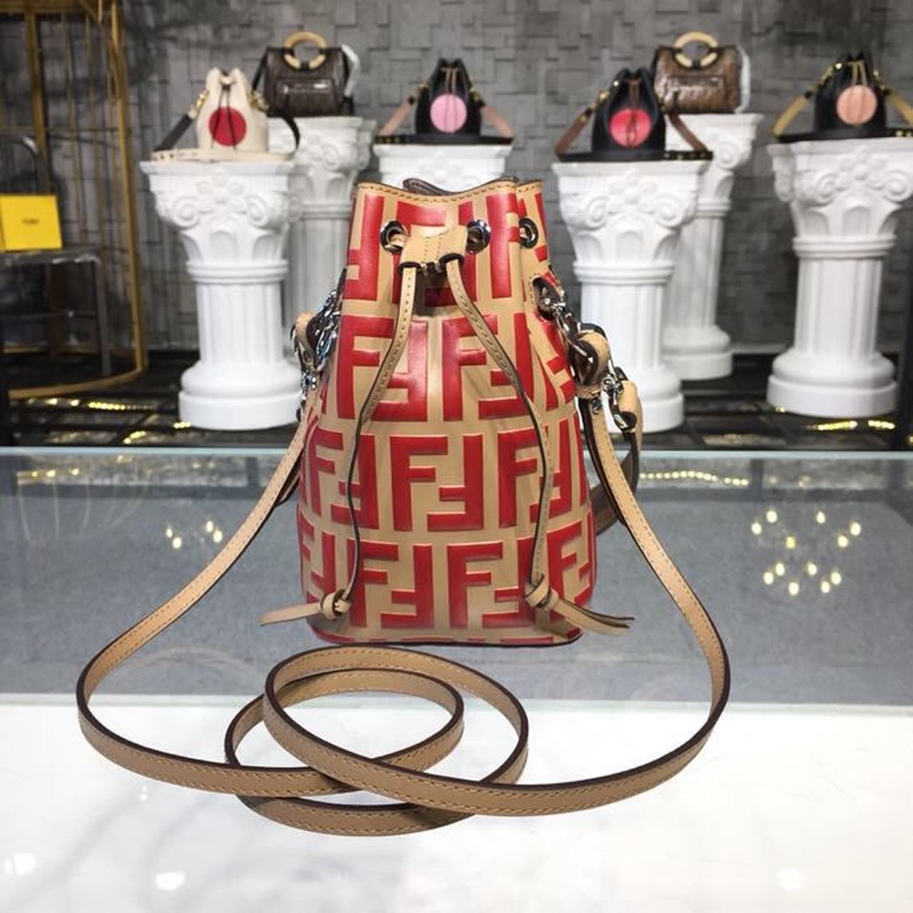 FI Mon Tresor Beige/Red For Women, Handbags, Shoulder And Crossbody Bags 7in/18cm FF 8BS010