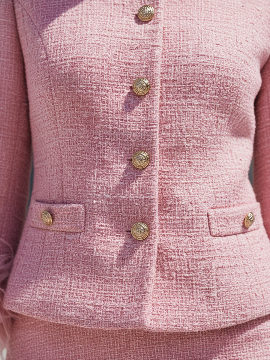 Elegant Round-neck Single-breasted Tweed Jacket And Skirt Set