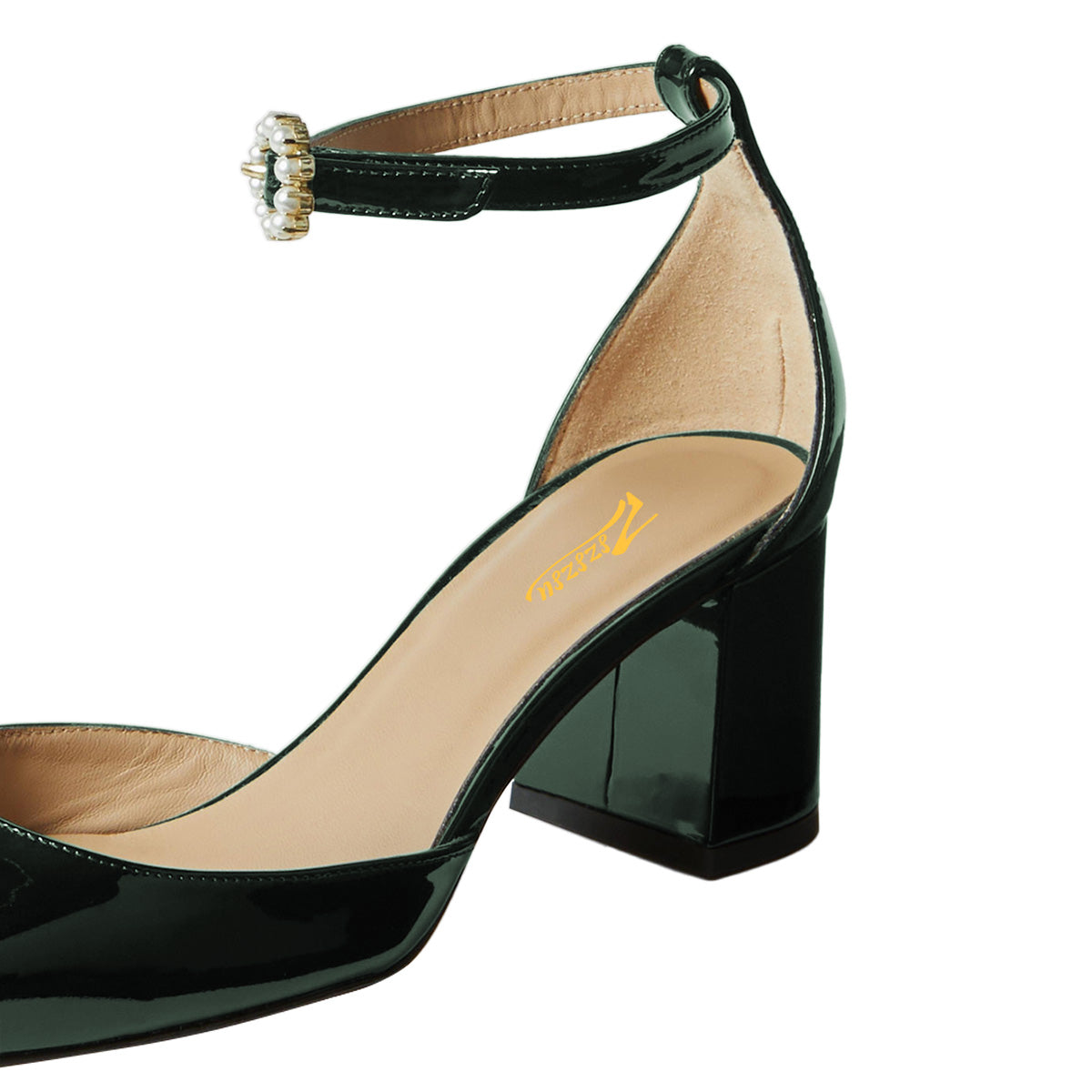 Dark Green Pearl Buckle Strap Square Toe Block Heel Pumps for Women