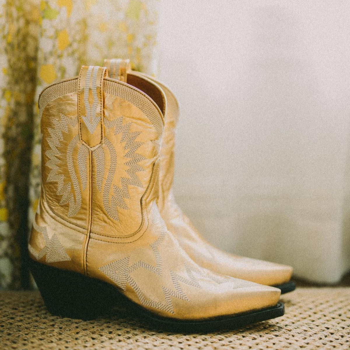 Gold Metallic Snip Toe Embroidered Ankle Length Cowgirl Boots