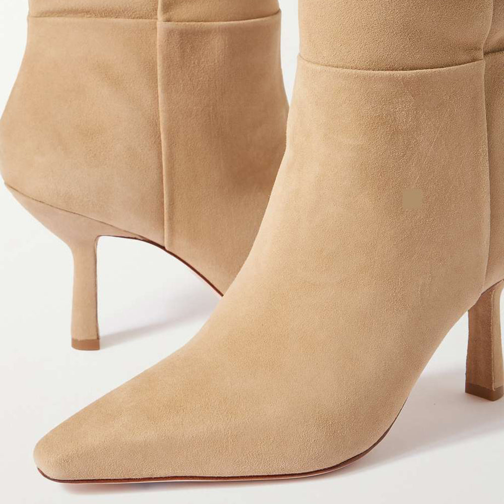 Beige Faux Suede Closed Toe Stiletto Heel Knee High Winter Boots