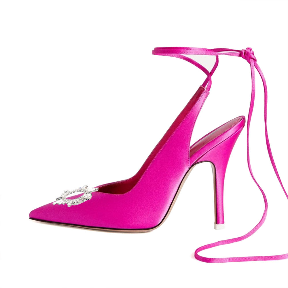 Elegant Satin Pointed Toe Rhinestone Stiletto Lace Up Pumps for Women