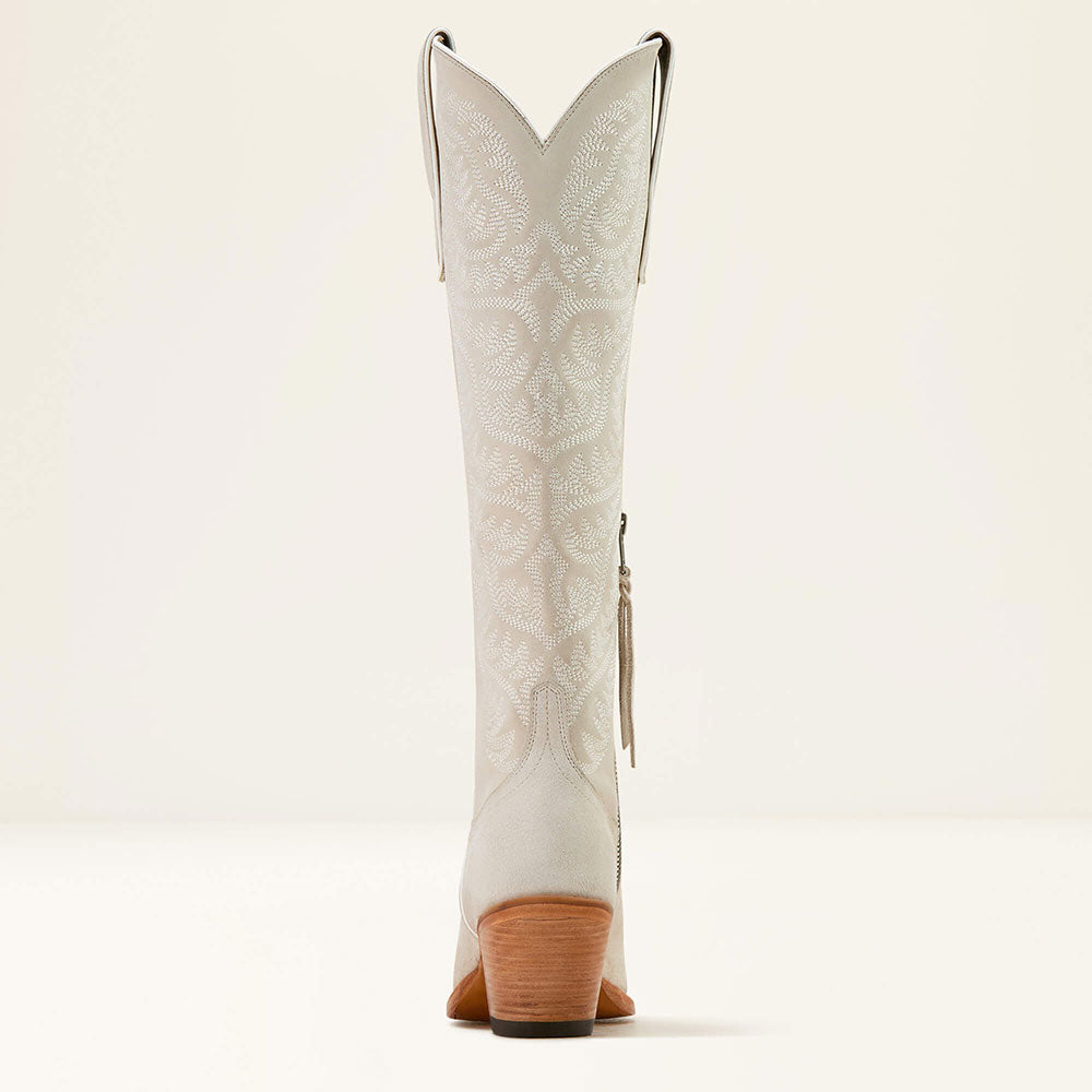 Embroidered Snip Toe Chunky Heel Zip Western Boots for Women in Ivory