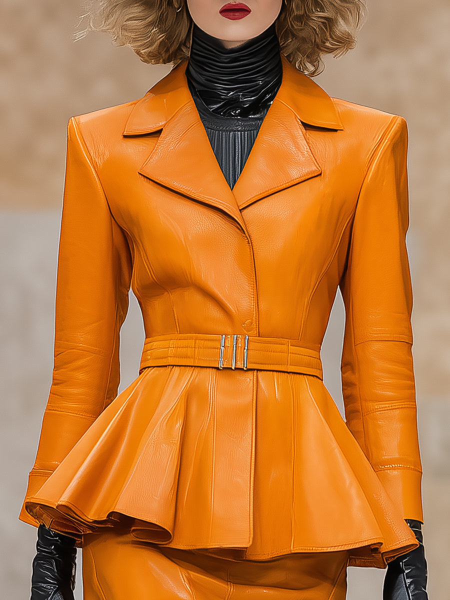 Fashionable And Exquisite Round Neck Ruffled Jacket And Skirt Orange Faux Leather Suit