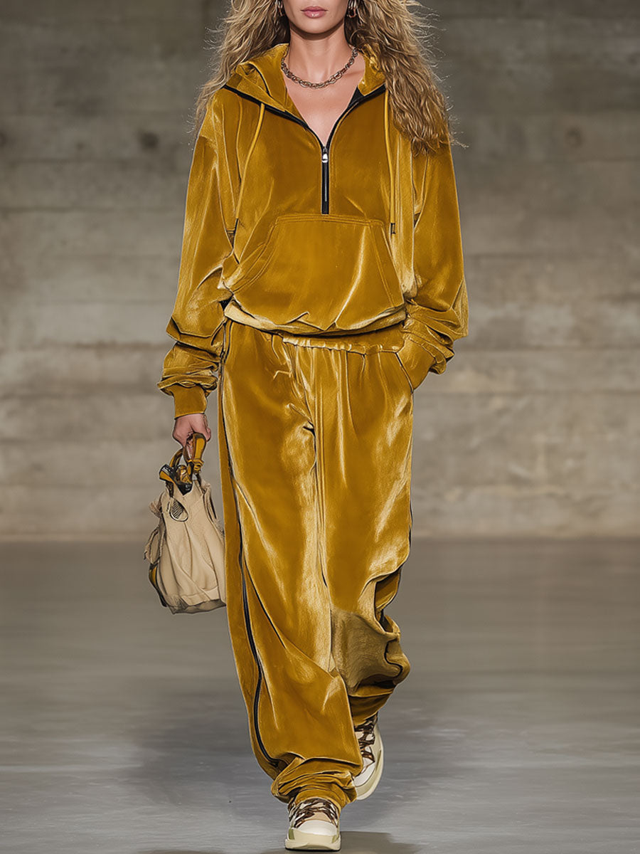 Fashion Retro Gold Velvet Hooded Sweatshirt Wide-Leg Pants Sports Set