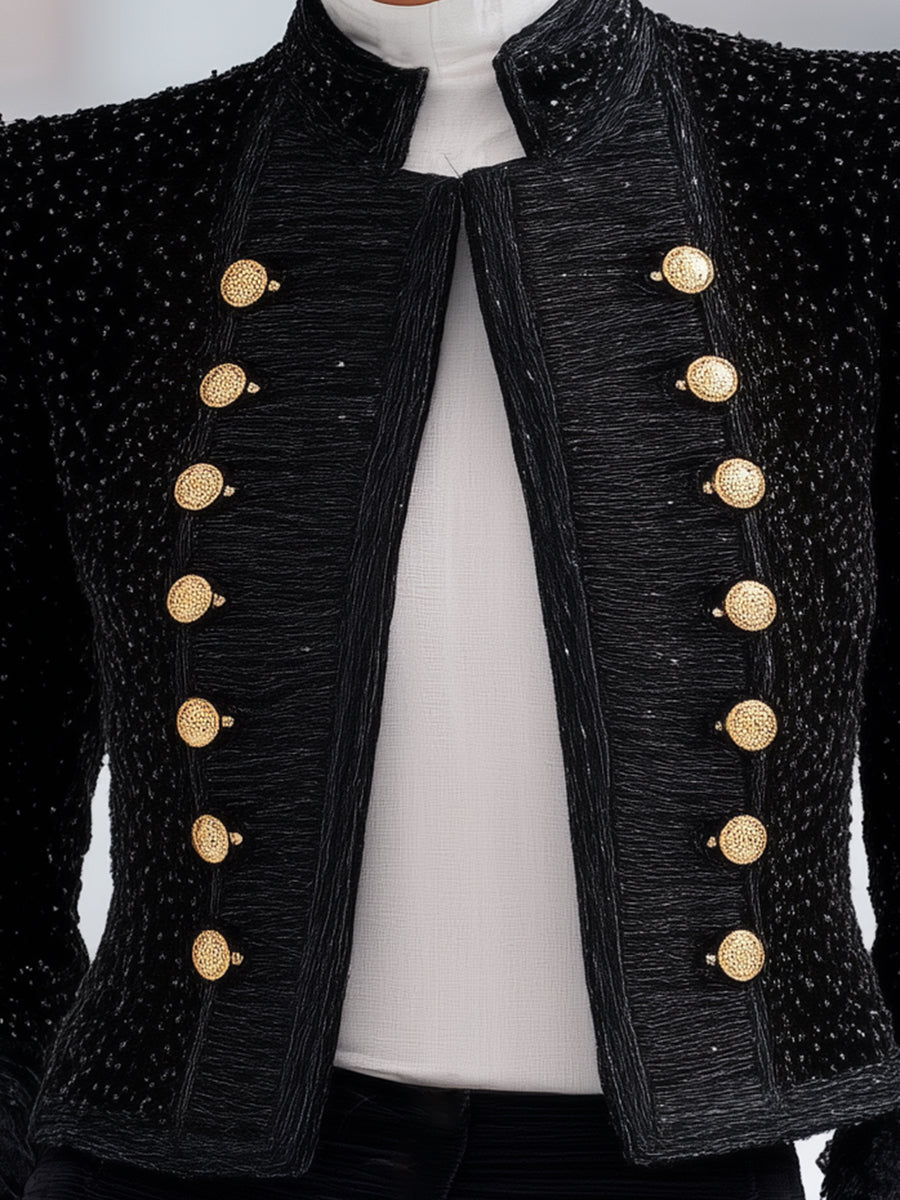 Designer Black Tweed Button-down Lace Jacket