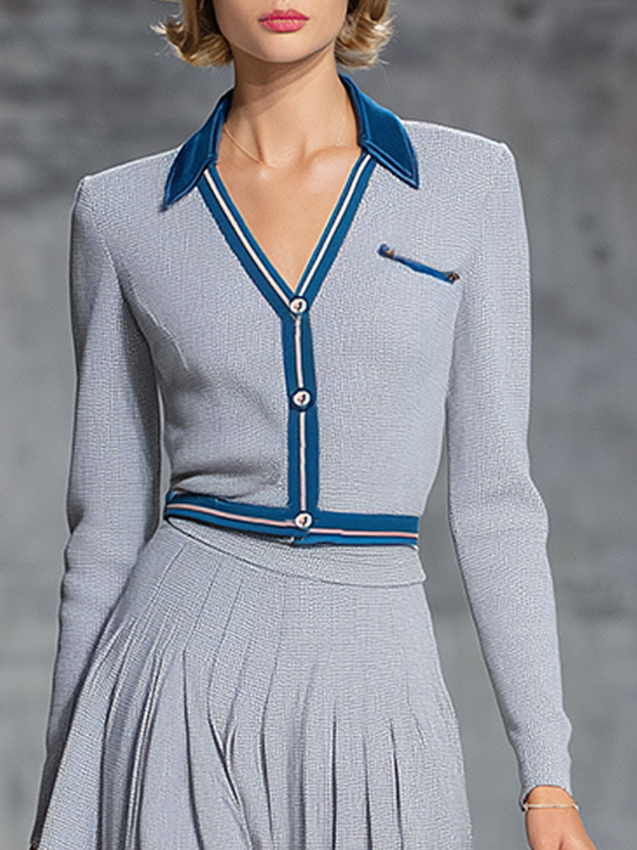 Fashion Retro Gray Knitted Long Sleeve Midi Dress Set
