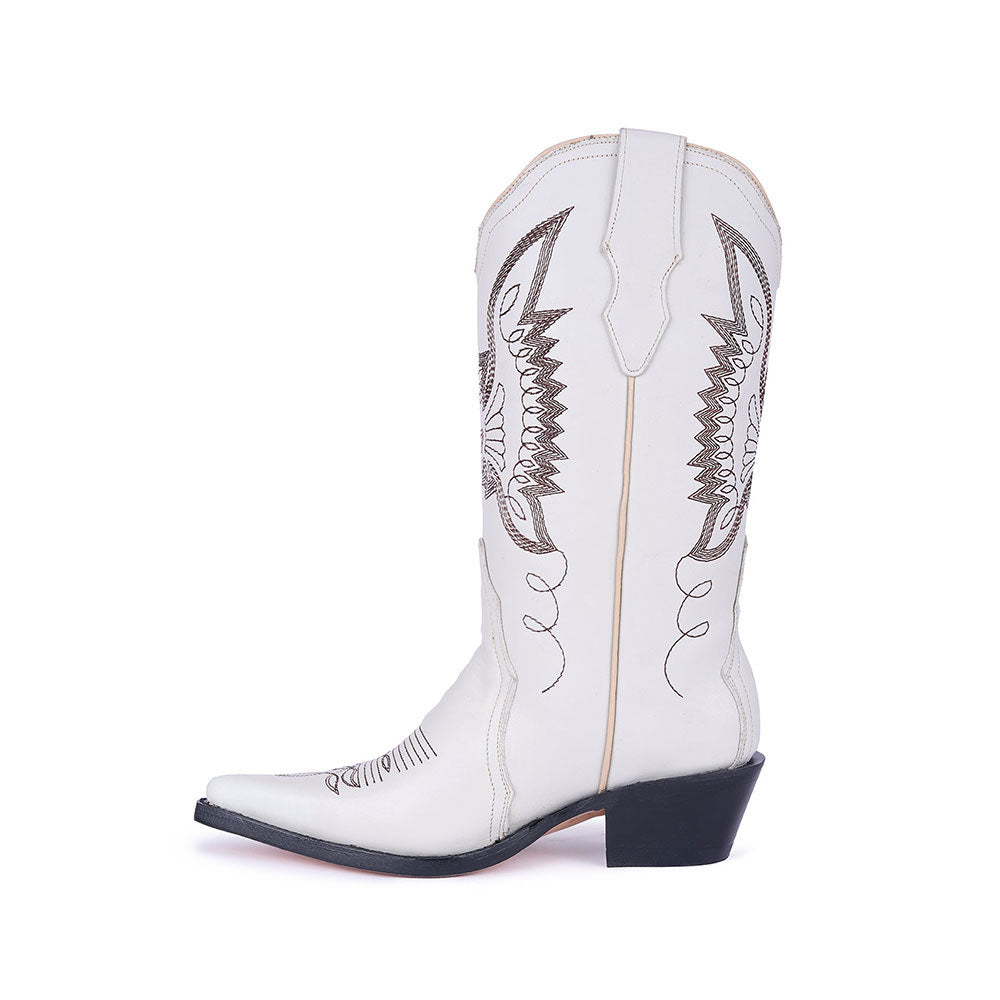 Embroidered Mid-Calf Snip Toe White Western Boots for Women