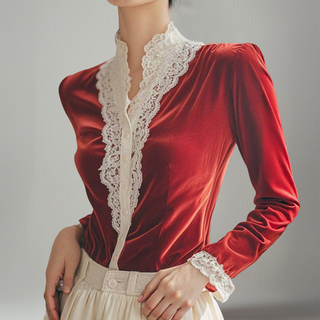 Elegant Velvet Lace Patchwork Stand Collar Button Long Sleeve Blouse