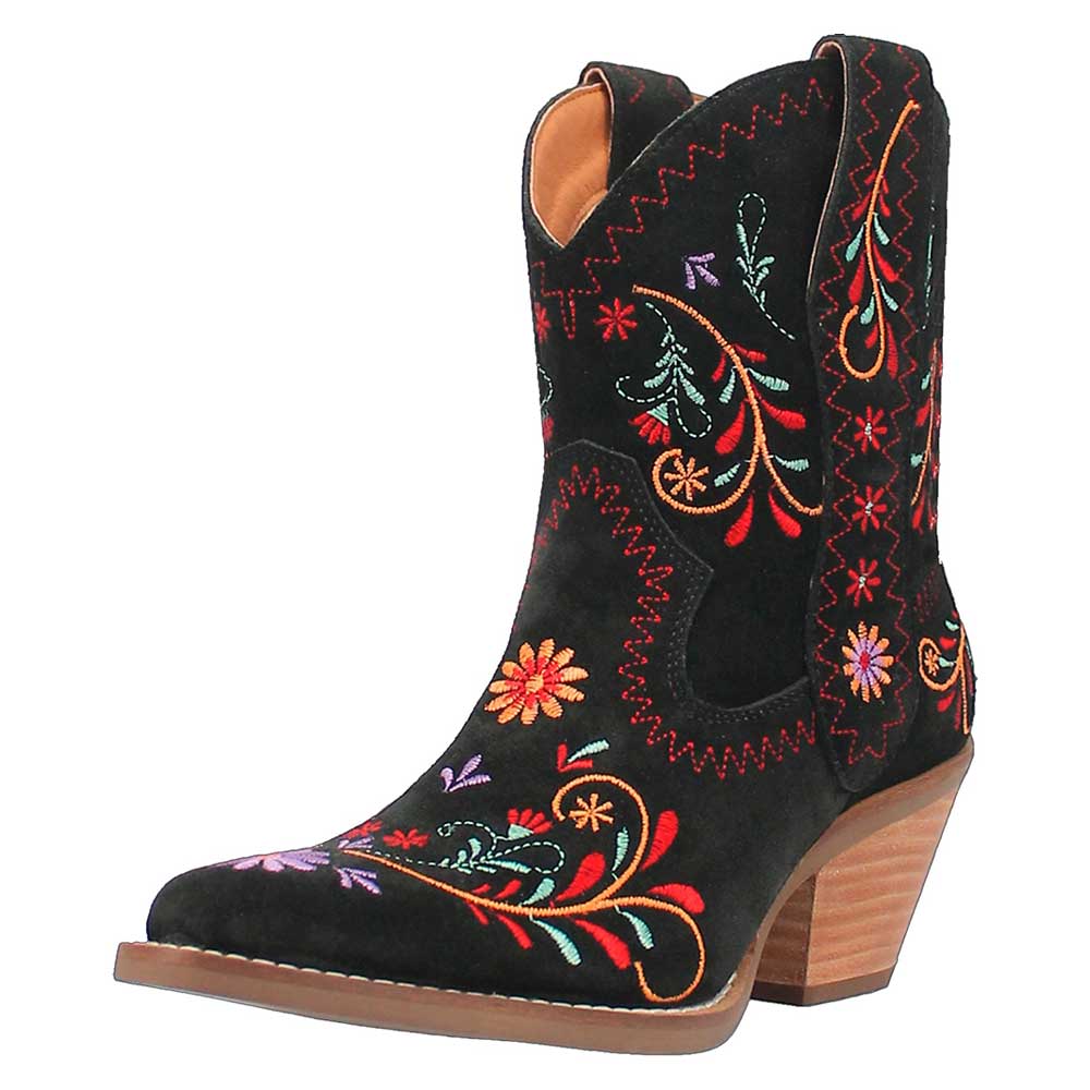 Almond Toe Colorful Floral Embroidered Cowgirl Boots in Black