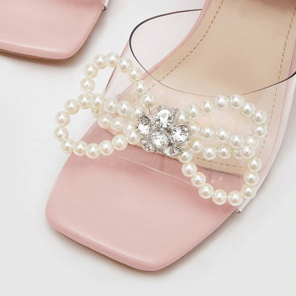 Beige & Clear PVC Open Toe 3'' Stiletto Heel Pearl Ankle Strap Sandals