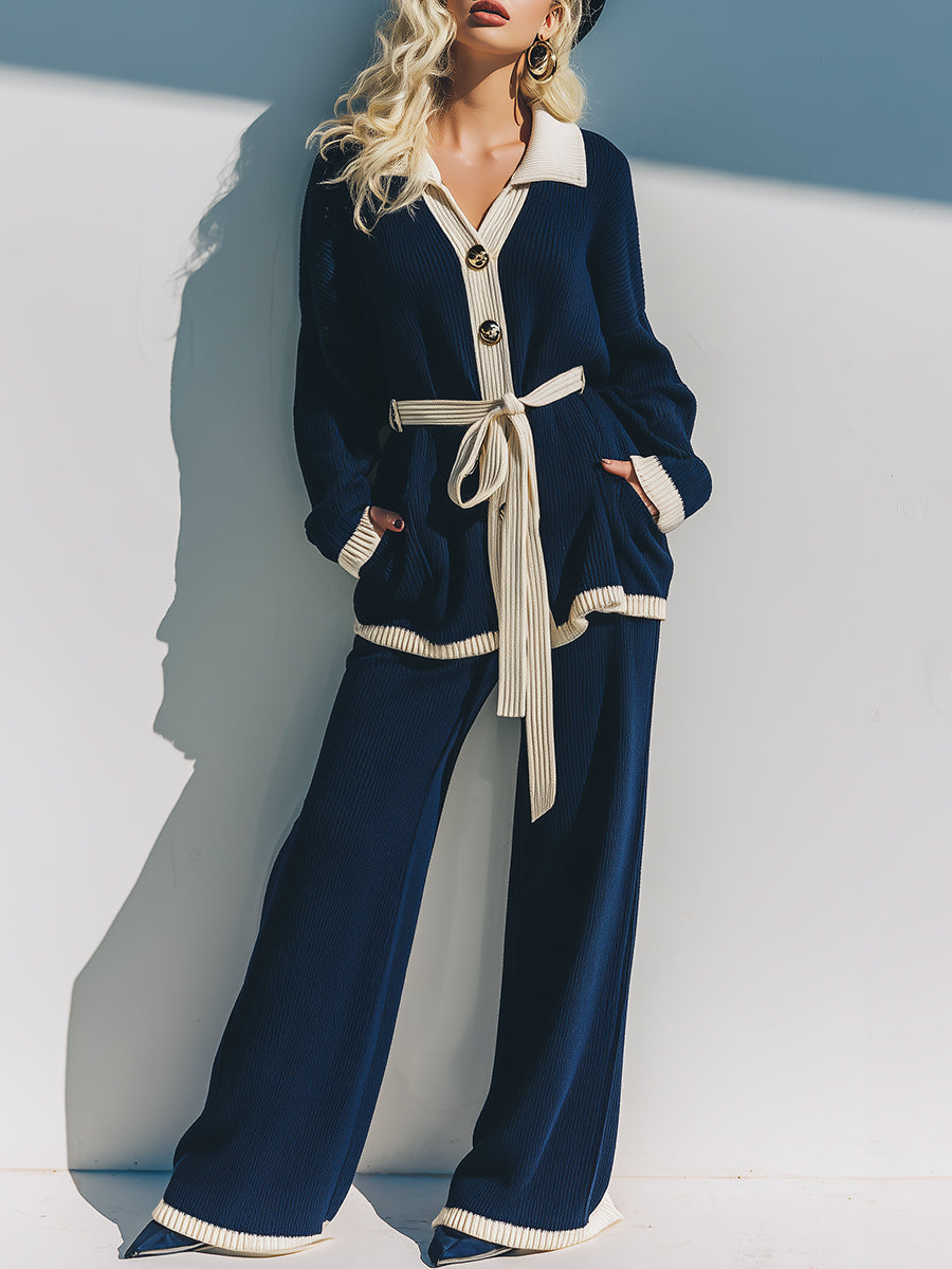Fashionable Lazy Style White Contrasting Edge Navy Blue Knitted Cardigan Wide-leg Pants Set