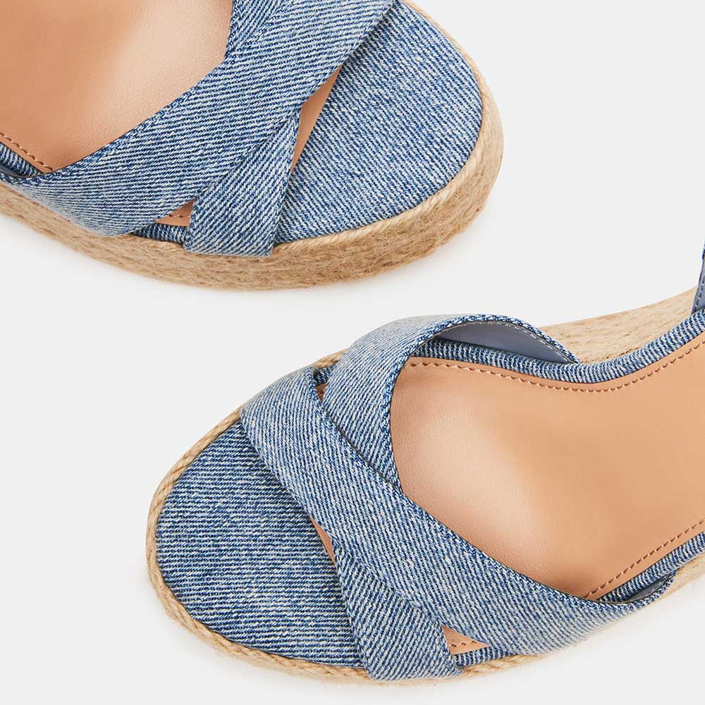 Denim Open Toe Ankle Strap Platform Espadrille Sandals with Wedges
