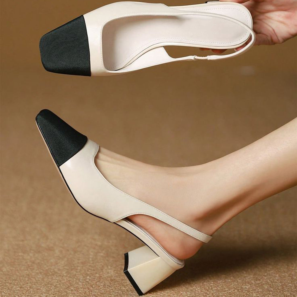 Beige & Black Square Toe Block Heel Slingback Pumps